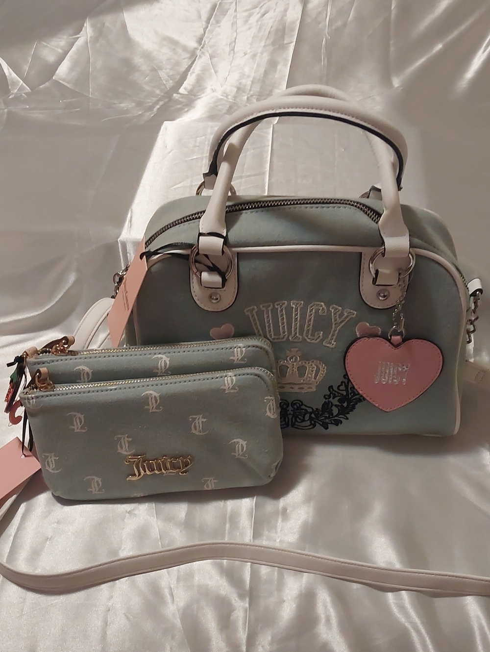 New Juicy Couture Denim & White Satchel Set with Denim Wallets